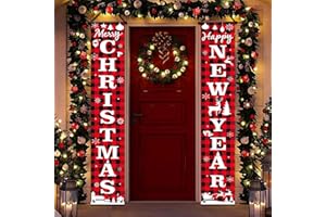 HIPARTY Christmas Decorations, Merry Christmas Banners for Outside, Red Black Buffalo Plaid Sign Set, Happy New Year Banner Decorations, Front Porch Signs Door Decorations for Outdoor Yard Garage Xmas Decor