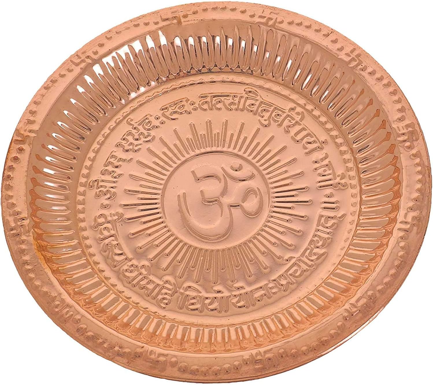 VAISHNO BALAJI Handmade Hindu Pooja Aarti Thali in Copper Embossed with Om Symbol and Gayatri Mantra - Puja Thali Home Decoration - Mandir Temple Accessory - Spiritual Gifts