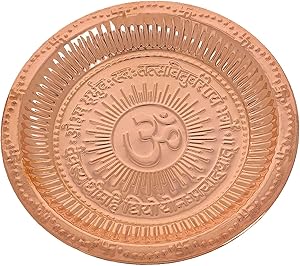 VAISHNO BALAJI Handmade Hindu Pooja Aarti Thali in Copper Embossed with Om Symbol and Gayatri Mantra - Puja Thali Home Decoration - Mandir Temple Accessory - Spiritual Gifts