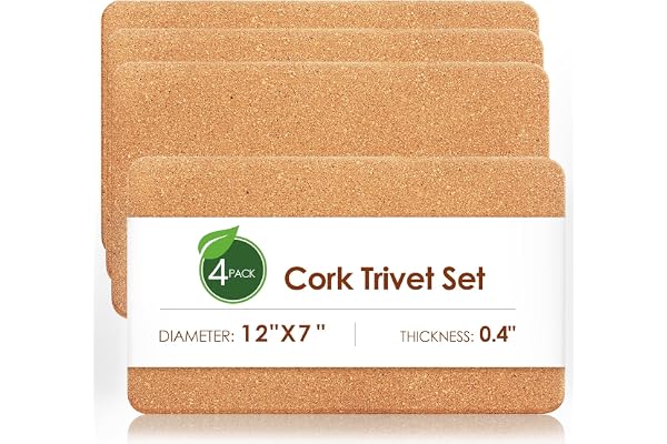 Cork Trivets for Hot Dishes Rectangle, 12" x 7" High-Density Thick Cork Trivets for Hot Pots and Pans, Heat Resistant Cork Pl
