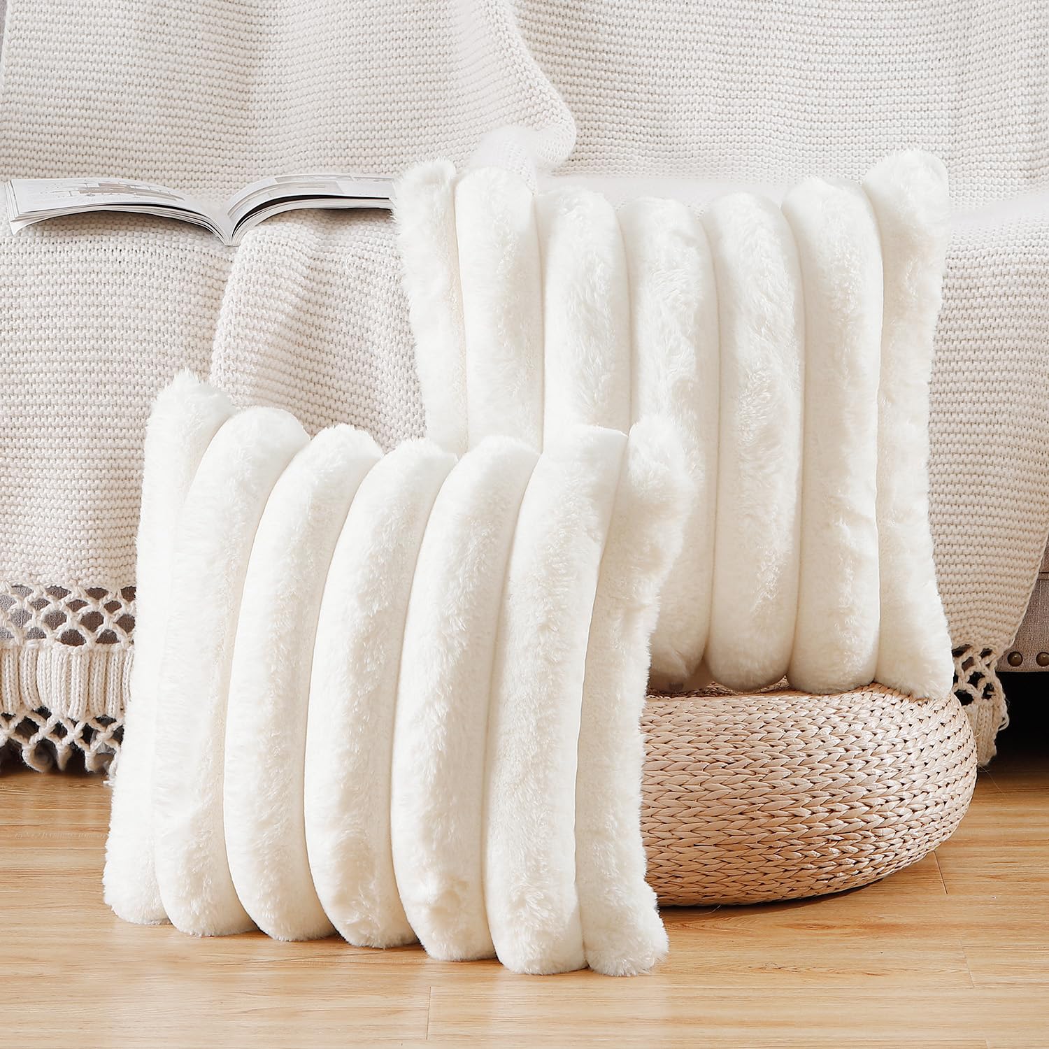 Madizz Plush Faux Fur Throw Pillow Covers 24x24 inch, 60x60 cm Cream White Set of 2 Fluffy Striped Soft Decorative Cushion Cover for Sofa Bedroom Pillow Shell