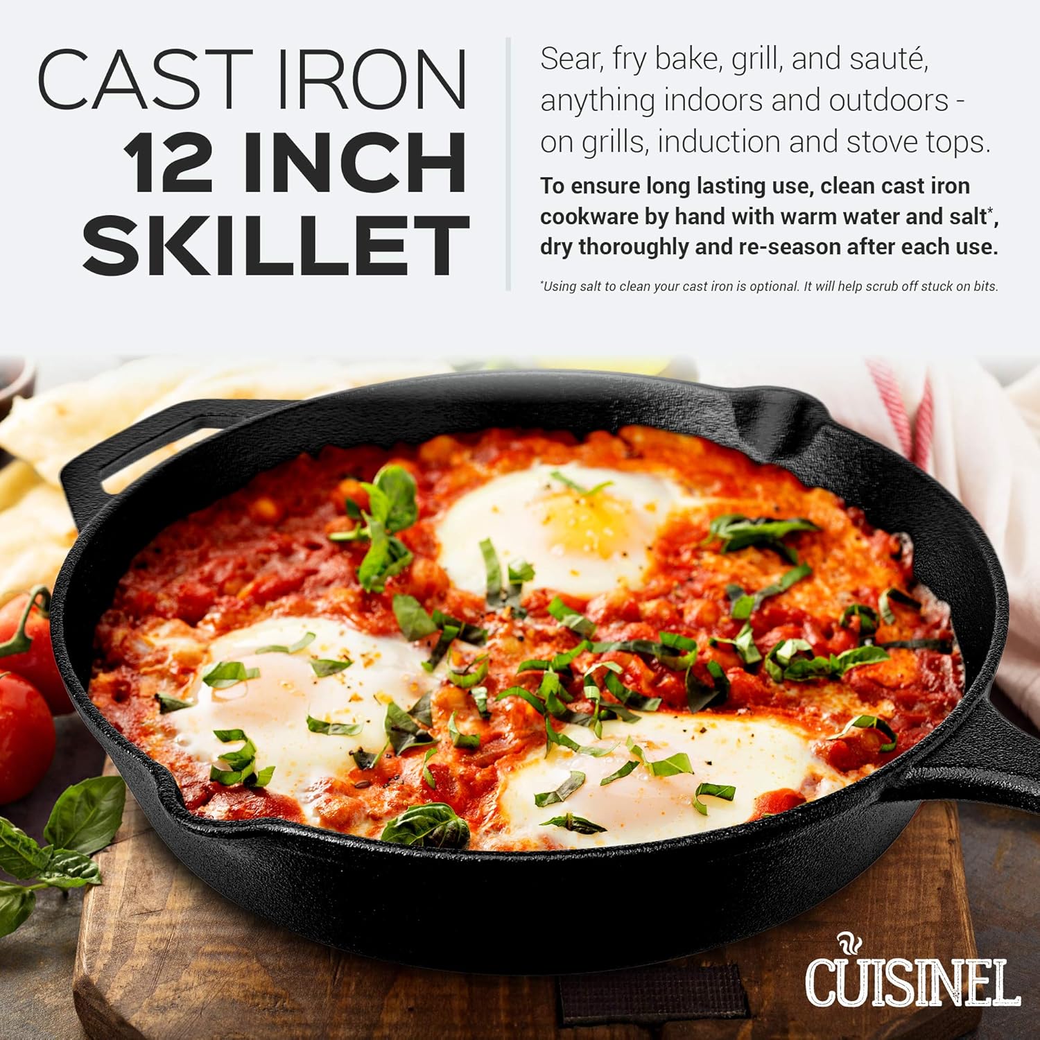 Pre-Seasoned Cast Iron Skillet (12-Inch) with Glass Lid and Handle Cover Oven Safe Cookware - Heat-Resistant Holder - Indoor and Outdoor Use - Grill, Stovetop, Induction Safe: Kitchen & Dining