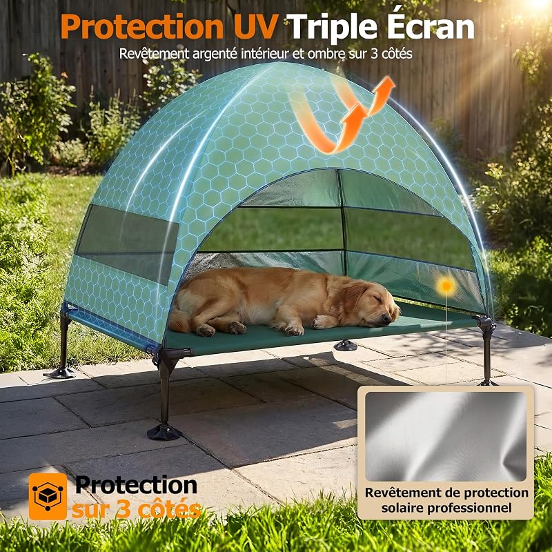 Panier pour Chien Surélevé avec Toit, Pliable avec Pieds Antidérapants, Tente d'extérieur avec Grande Ombre, Lit Rafraîchissant pour Chien, pour Camping, Jardin, Plage et Piscine (Vert, L)
