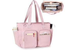Prokva Teacher Tote Bag with Laptop Compartment, Large Teacher Utility Bag for Women Work and Teacher Supplies, Pink (Empty Bag, Patent Design)