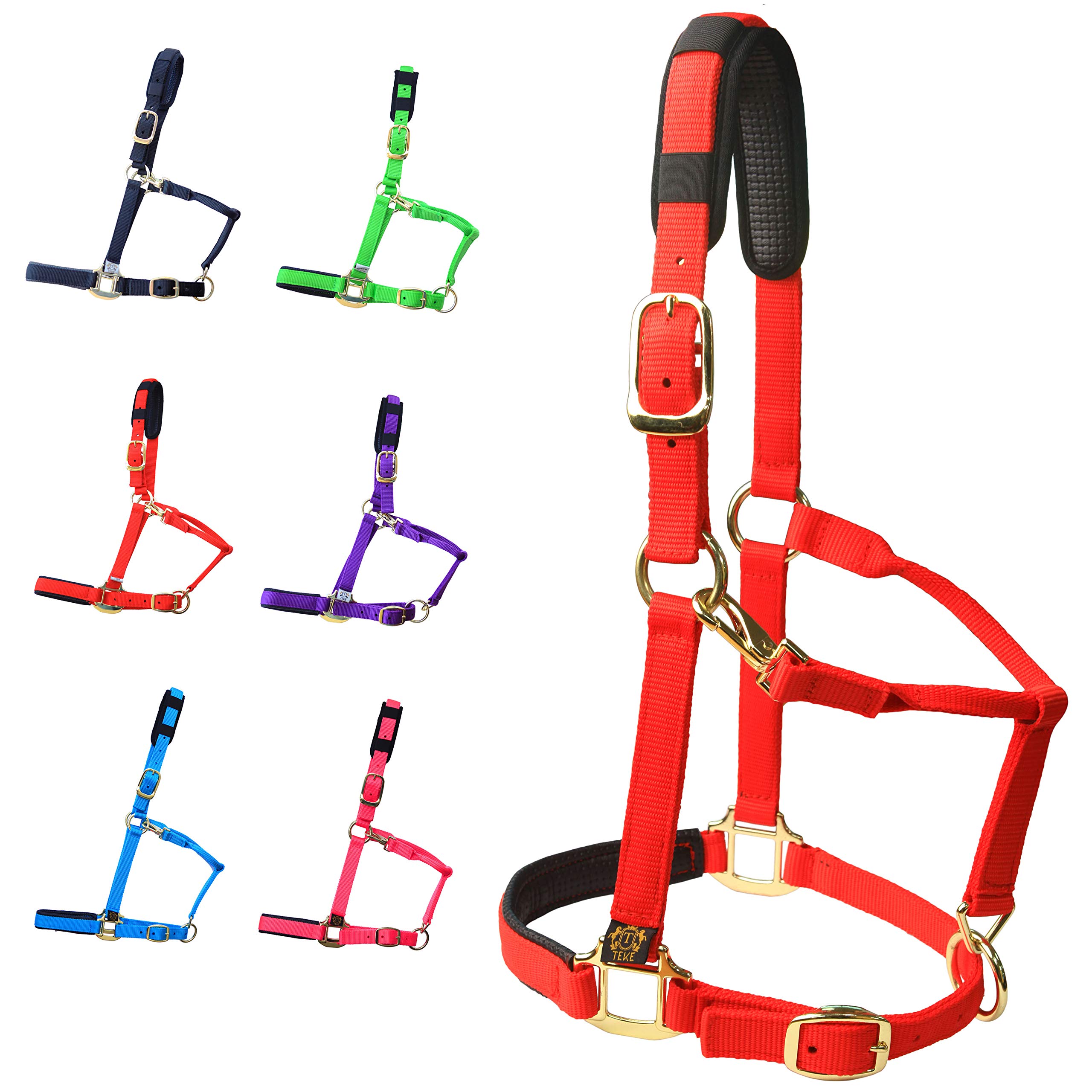 T TEKE Adjustable Horse Halters by Heavy Duty Soft Nylon, Padded with Anti-rubbing Waffle Neoprene on Both Crown & Nose