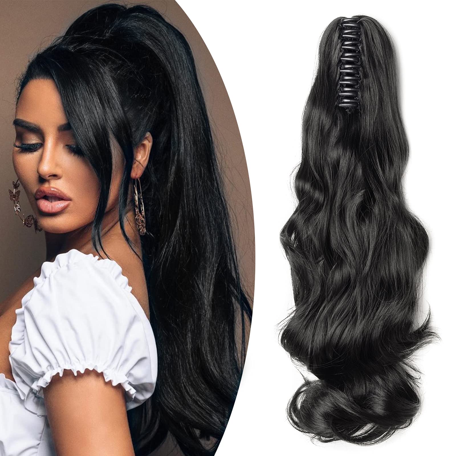 18" Long Wavy Claw On Ponytail Extensions Synthetic Clip In Hairpiece Curly For Women Ladies - Dark Black(Length:45cm,Weight:140g)