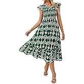 GRACE KARIN 2026 Summer Casual Dresses for Women,Flutter Short Sleeve Wedding Guest Dresses,V Neck Smocked Tiered Midi Dress