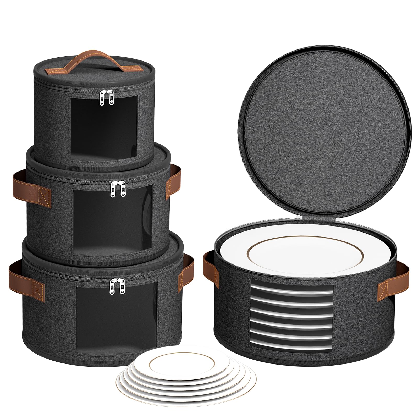 Photo 1 of 4 Piece China Storage Containers, Dish Storage Containers with Clear Windows, Hard Shell Plate Organizer with Handles, Stackable Moving Boxes for Dishes, Glassware, Dinnerware, Plates, Dark Gray