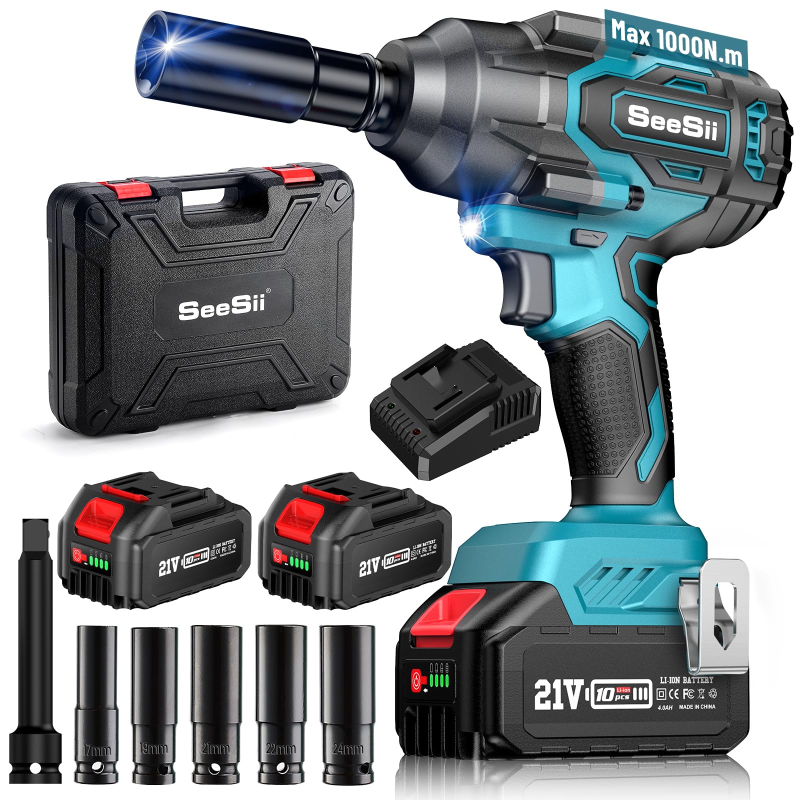 Seesii 1000Nm(738ft-lbs) Cordless Impact Wrench High Torque,1/2