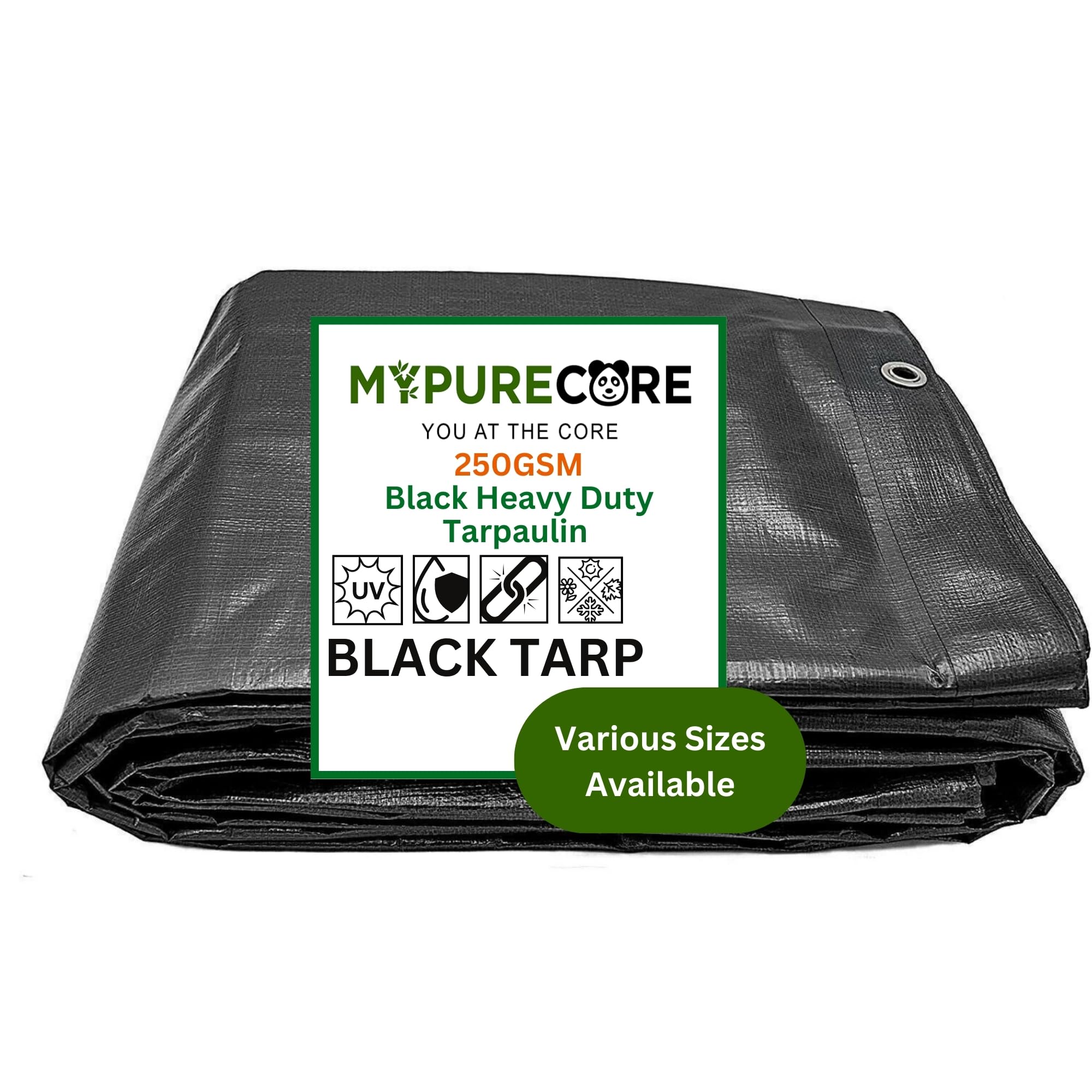 MYPURECORE Heavy Duty Waterproof Tarpaulin - Black Tarp for Outdoor Protection - Durable Groundsheet, Tent Shield, Trailer & Trampoline Cover - UV & Weatherproof Sheet for Camping & Garden (2x2m)