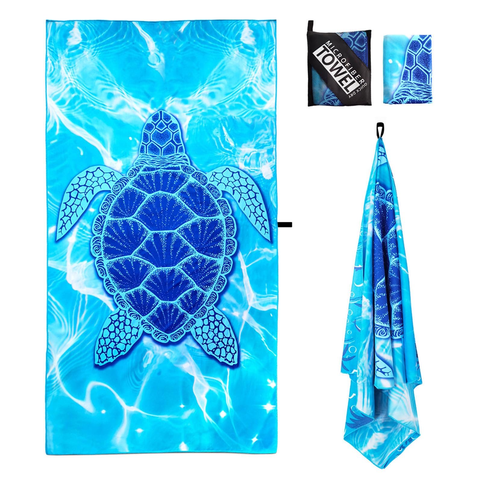 Large Thin Microfibre Beach Towel with Bag for Adult Men Women,160x90cm Blue Turtle Beach Towels Quick Dry Sand Free Lightweight Swim Bath Towel for Travel,Swimming,Pool,Holiday,Camping,Yoga,Gym Sport