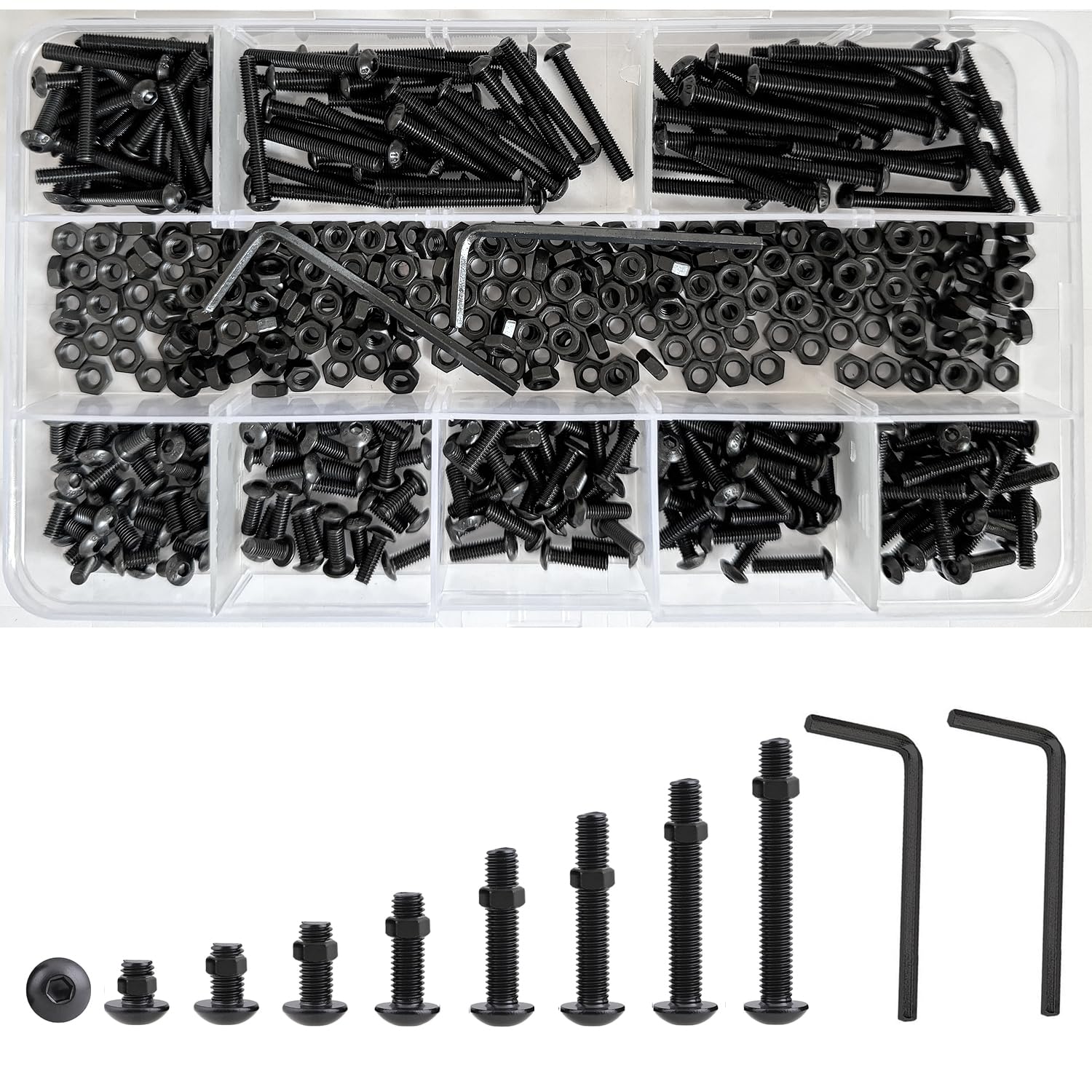 M3 Round Head Hex Socket Screws, M3 Black Nuts Bolts Assortment Set, Carbon Steel Hexagon Button Mushroom Machine Screw Fasteners Kit (482 Pcs) — image 1