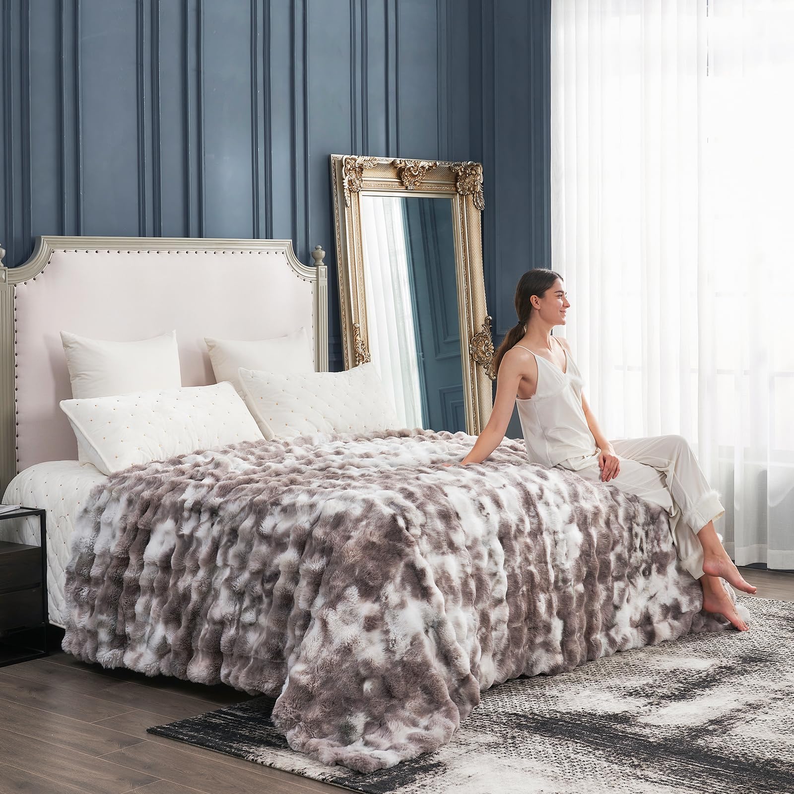 Photo 1 of Cozy Bliss Faux Fur Throw Blanket for Couch, Fuzzy Soft Plush Thick Bubble Blanket for Sofa Bedroom Living Room, 108 * 90 Inches Tie Dye Taupe