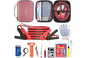 CYECTTR Car Emergency Kit,Auto Vehicle Truck Safety Emergency Road Side Assistance Kits with Jumper Cables,Safety Hammer,Pink