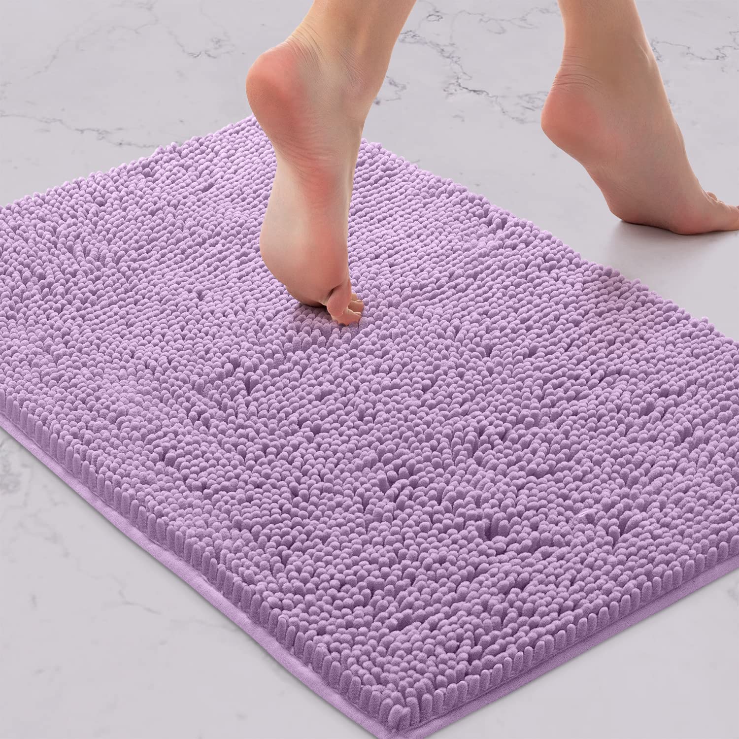 LuxUrux Bath Mat-Extra-Soft Plush Bath Shower Bathroom Rug, 1'' Chenille Microfiber Material, Super Absorbent Shaggy Bath Rug (Lavender, 42 x 60 cm)