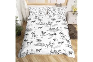 CASTLE FAIRY Western Duvet Cover Set King Size Sketch Cowboy Cow and Horse Bedding Set 3Pcs Farm Animal Comforter Cover for Kids Boys Girls Adult Room Decor Black White Rustic Farmhouse Quilt Cover,2 Pillowcase