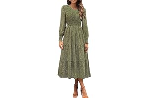 Zattcas Womens Fall Dresses 2025 Casual Long Sleeve Smocked Boho Floral Tiered Midi Wedding Guest Dress with Pockets