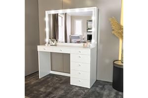 Boahaus Diana Large Vanity Makeup Desk with Vanity Mirror, Built-in Lights, 7 Drawers, Crystal Ball Knobs, Power Outlet, White Makeup Desk for Bedroom, 58.2'' H x 47.2'' W x 17.7'' D
