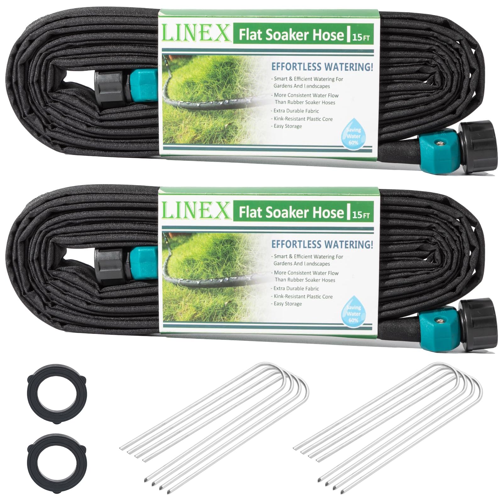 Photo 1 of LINEX Flat Soaker Hose 30 ft for Garden Beds, 1/2'' x 15 ft 2 Pack Drip Hoses Irrigation Sprinkler Heavy Duty Save Water 80% for Vegetable