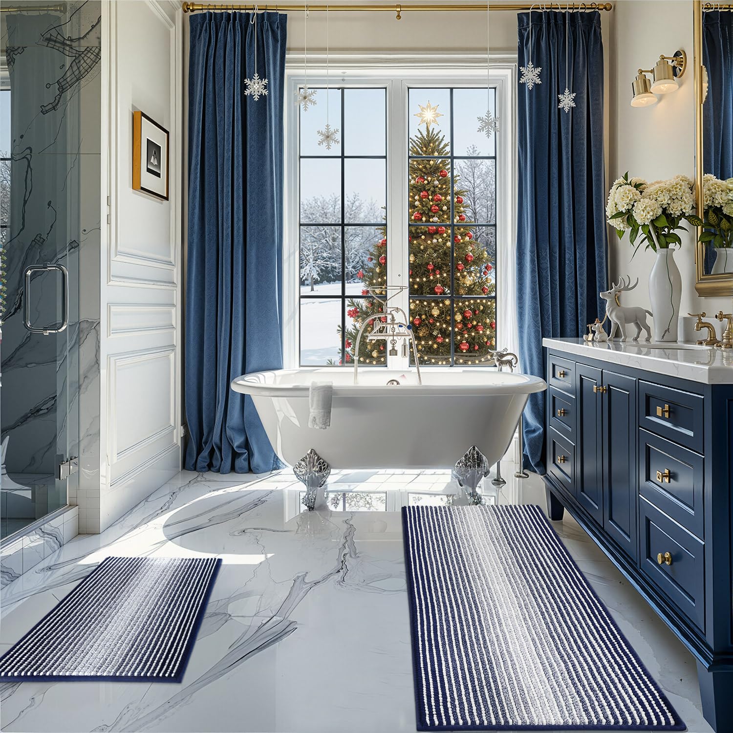 Photo 1 of *Dirty item* BSICPRO Bathroom Rugs and Mats Sets, 2 Piece Thick Absorbent Chenille Bath Mat Rug Set Non Slip, Soft Shaggy Bath Room Floor Mats for Bathroom, Machine Washable (Navy, 20" x 47" Plus 20" x 32")