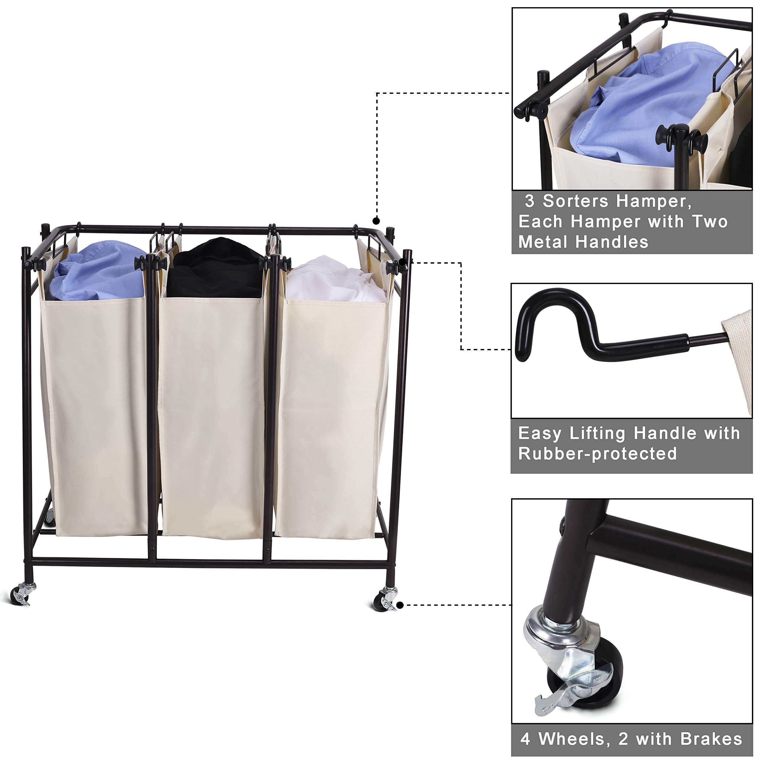 Mythinglogic Laundry Sorter Rolling Laundry Hamper with 3 Removable Laundry Bags Heavy-Duty Laundry Room Organizer Laundry Cart with Wheels Oil Rubbed Bronze