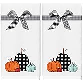 JarThenaAMCS 2Pcs Fall Hand Towels Pumpkin Embroidered Cotton Bathroom Towel with Ribbon Autumn Dish Towel for Thanksgiving Drying Cleaning Cooking Gift, 29.5 x 13.7 Inch