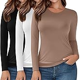 Evervibe 3 Pack Women's Plus Size Long Sleeve Shirts Crew Neck Slim Fitted T Shirt Stretchy Casual Bodycon Basic Tee Tops