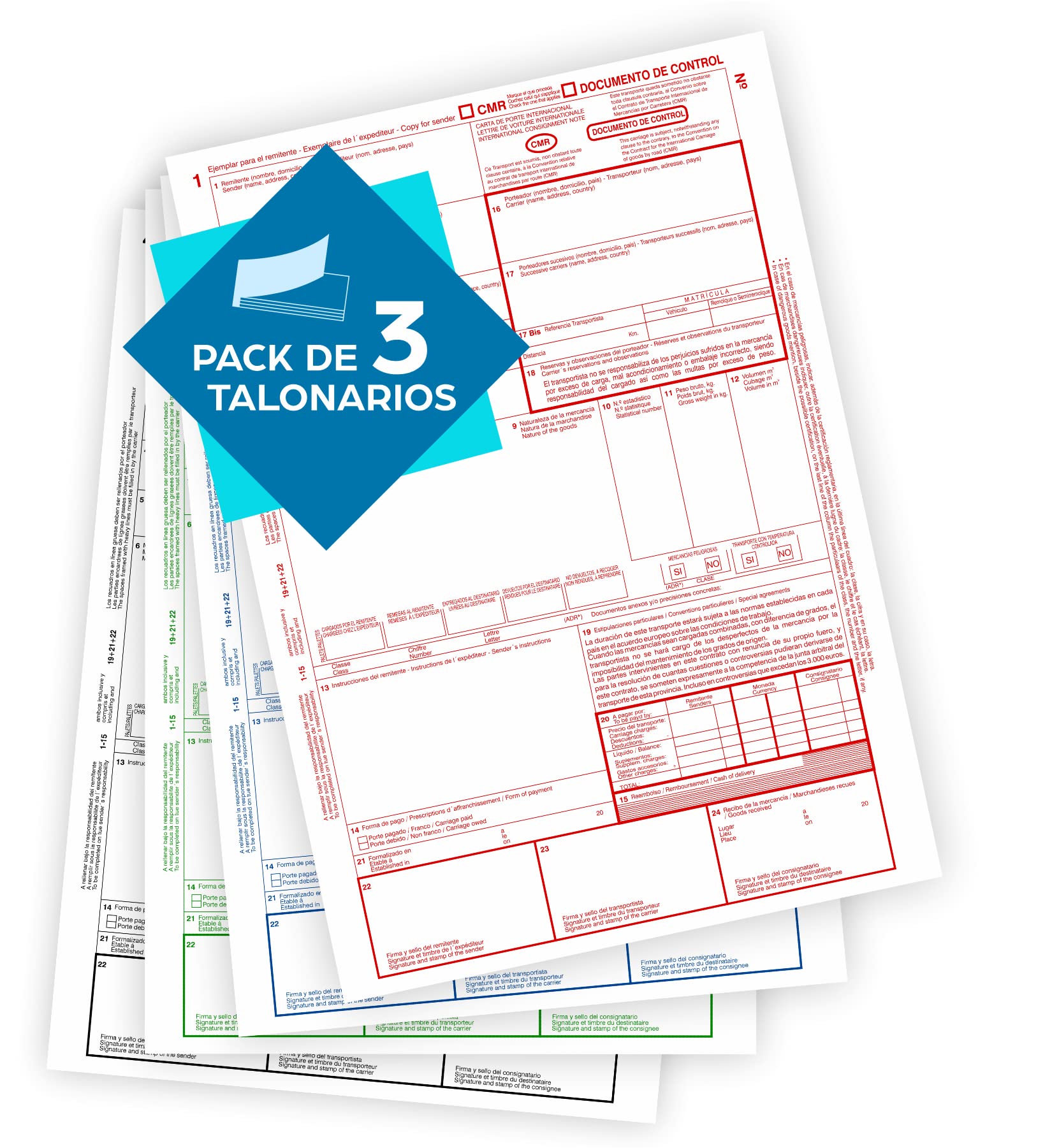 CMR - Pack of 3 Books International Transport Autocopies 4 Numbered Copy, Red, Blue, Green, Black