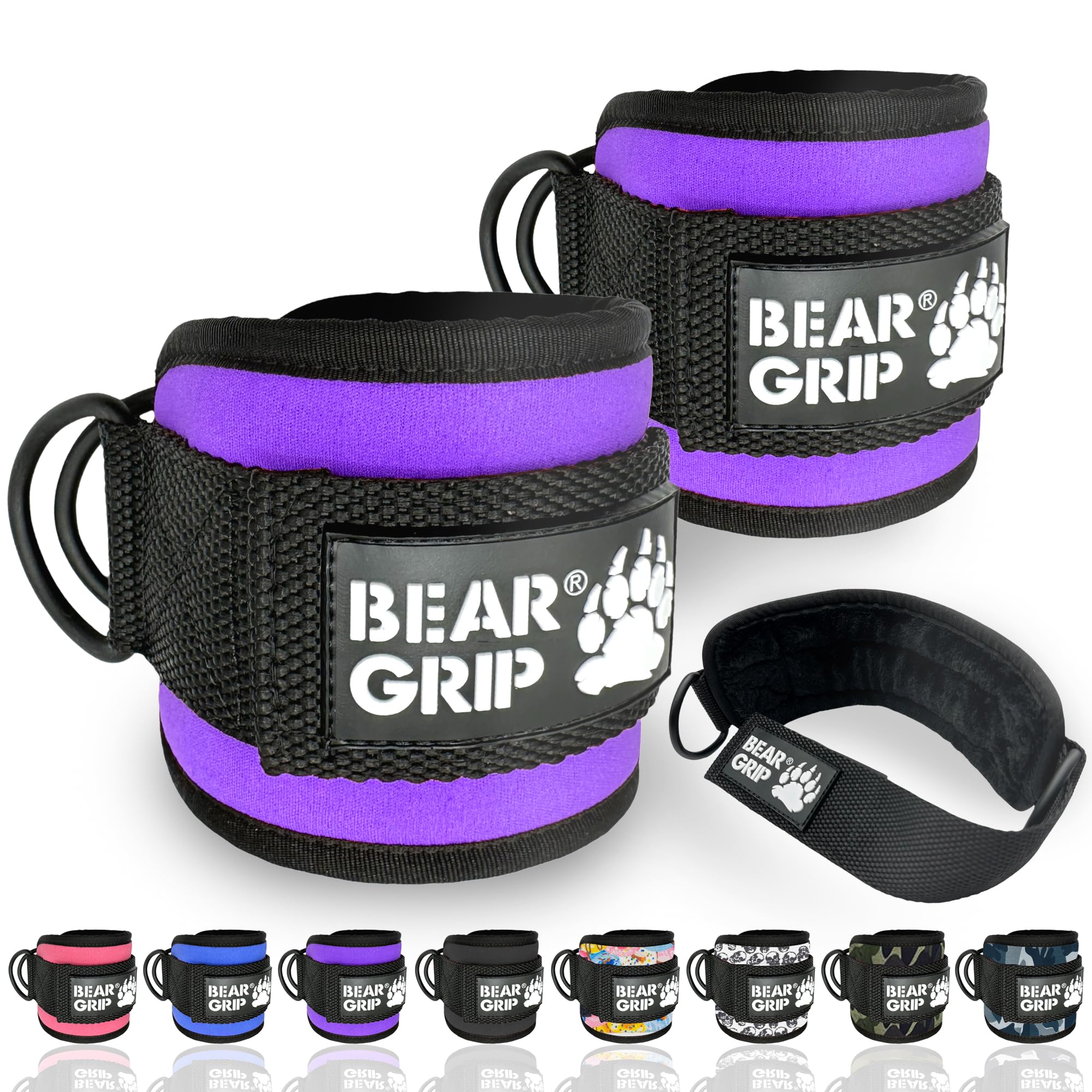 BEAR GRIP - Ankle Straps for Cables with New Fleece Design - Strong Closure, Double Stainless Steel D-Ring, Adjustable Neoprene - For Men & Women (Purple - Pair)