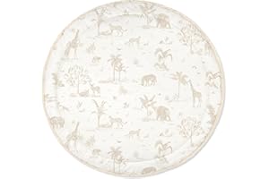 MakeMake Organics Organic Play Mat GOTS Certified Organic Cotton Nursery Floor Rug Washable Reversible Non Toxic Activity Mat Tummy Time Crawling Pad Thick Quilted (Round 48", Safari)