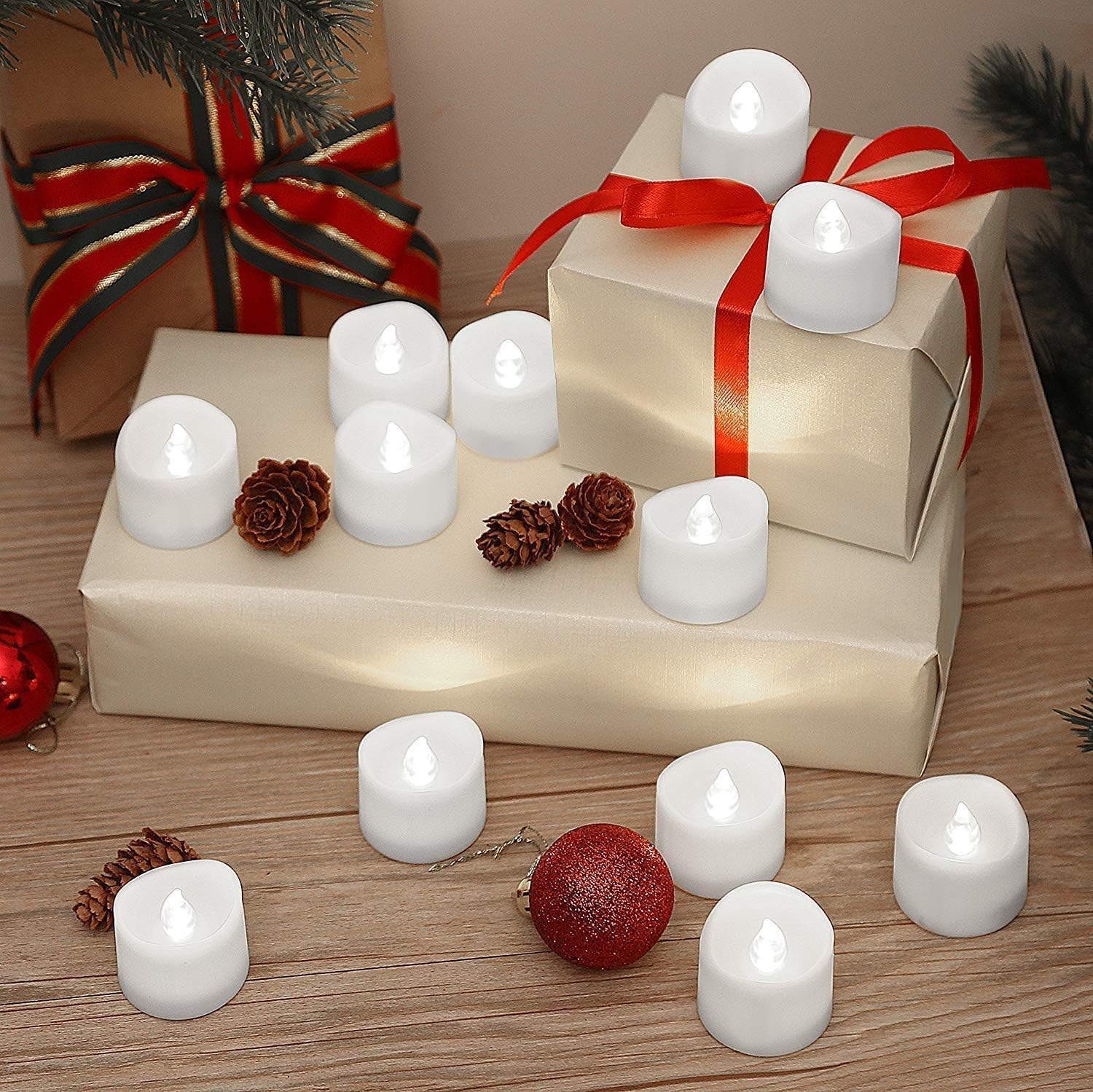 IMAGE Tea Lights 12Pcs LED Tealight Candles with Timer Flickering Battery T-Lights with 100pcs Decorative Fake Rose Petals for Christmas Halloween Wedding Birthday Anniversary