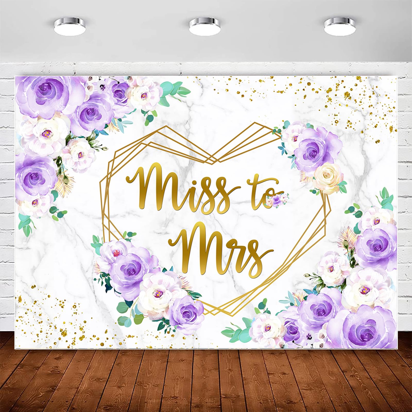 Photo 1 of Miss to Mrs Backdrop for Bridal Shower Party Decorations,Purple White Floral Gold Heart Miss to Mrs Bride to Be Banner Photography Background Wedding Engagement Party Supplies Photo Booth Props 7x5ft