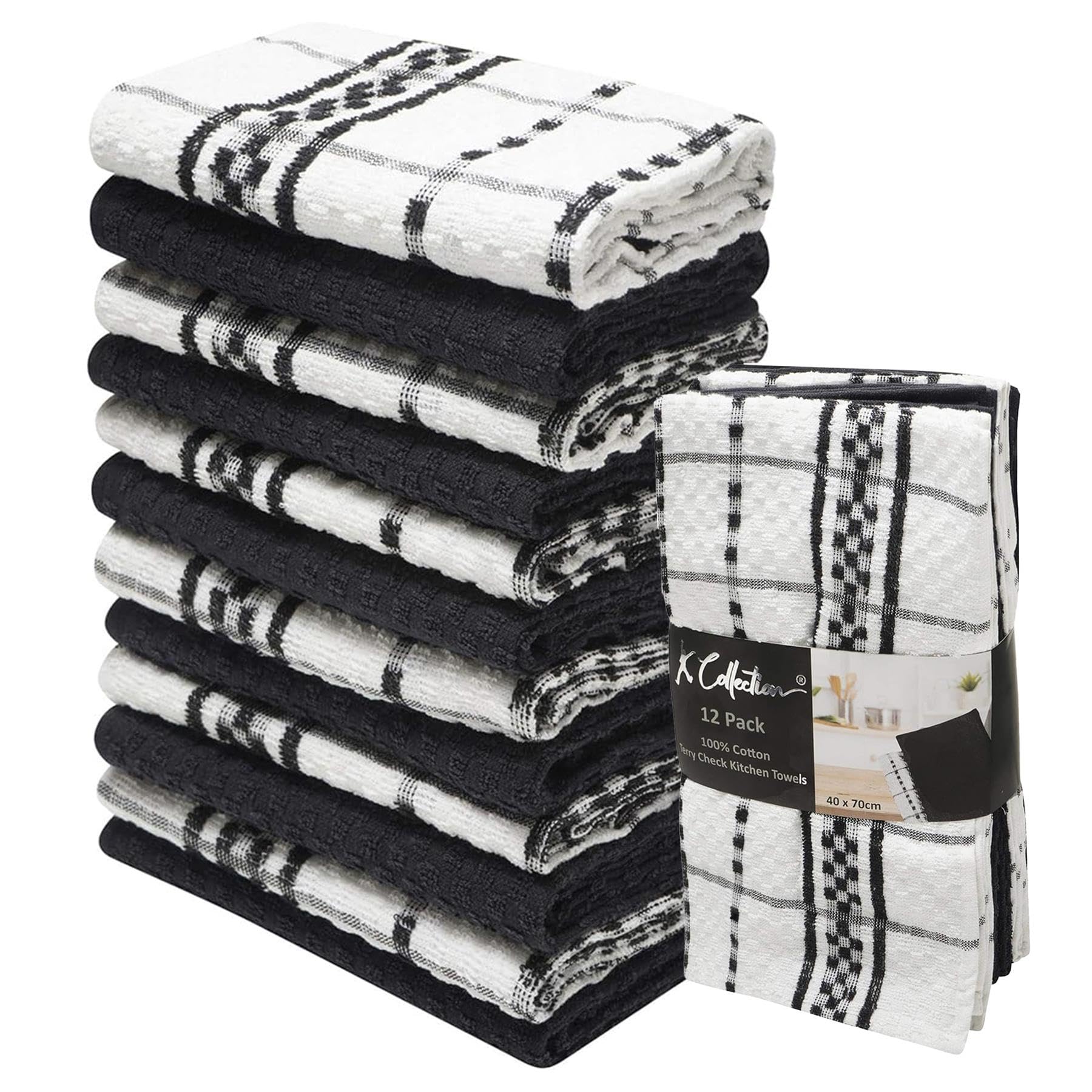 K Collection 12 Pack Check Kitchen Towels Set - 40 x 70 cm, Black and White - 100% Ring Spun Cotton (285GSM) Super Soft and Absorbent Dish Towels, Tea Towels and Bar Towels