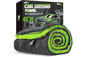KKV Full-Sized SUV Drying Towel, 48”x24” Dual Sided Microfiber Car Cleaning Towel with Twisting Yarn Technique, 1400GSM Super Absorbent, Scratch-Free, Machine Washable (Darkgray-GreenYellow)