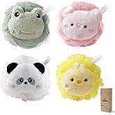 4 Pcs Kids Shower Loofah Set - Cute Animal Body Scrubber Sponges, Gentle Exfoliating Pouf for Boys and Girls Bath Time, Soft Bath Sponges for Children (Assorted Animals)