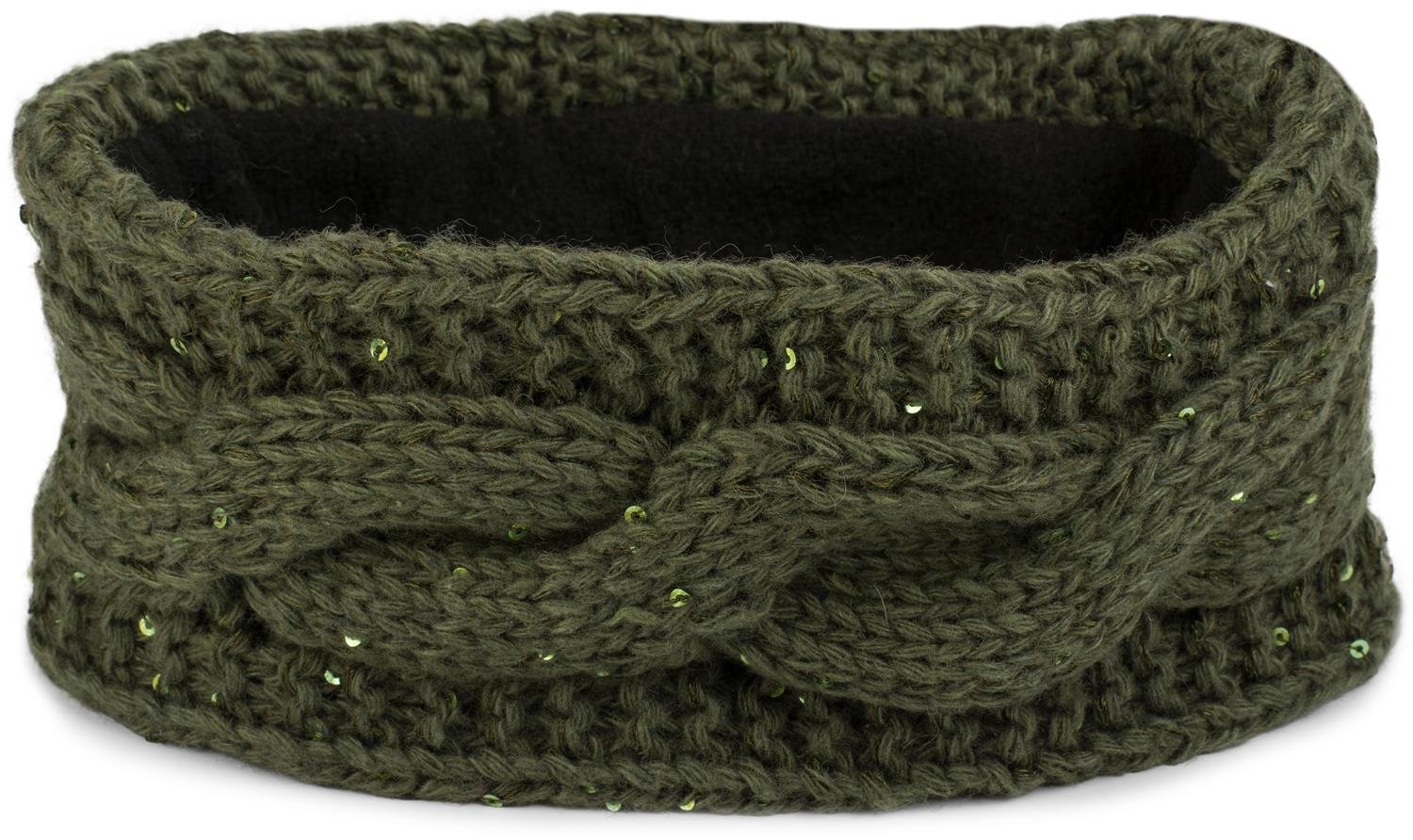 styleBREAKER Women Browband coarse knit with plait pattern and sequins, warm fleece lining, hair band, headband 04026002, color:Olive — image 1