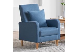 COLAMY Modern Upholstered Accent Chair Armchair with Pillow, Fabric Reading Living Room Side Chair,Single Sofa with Lounge Seat and Wood Legs, Blue