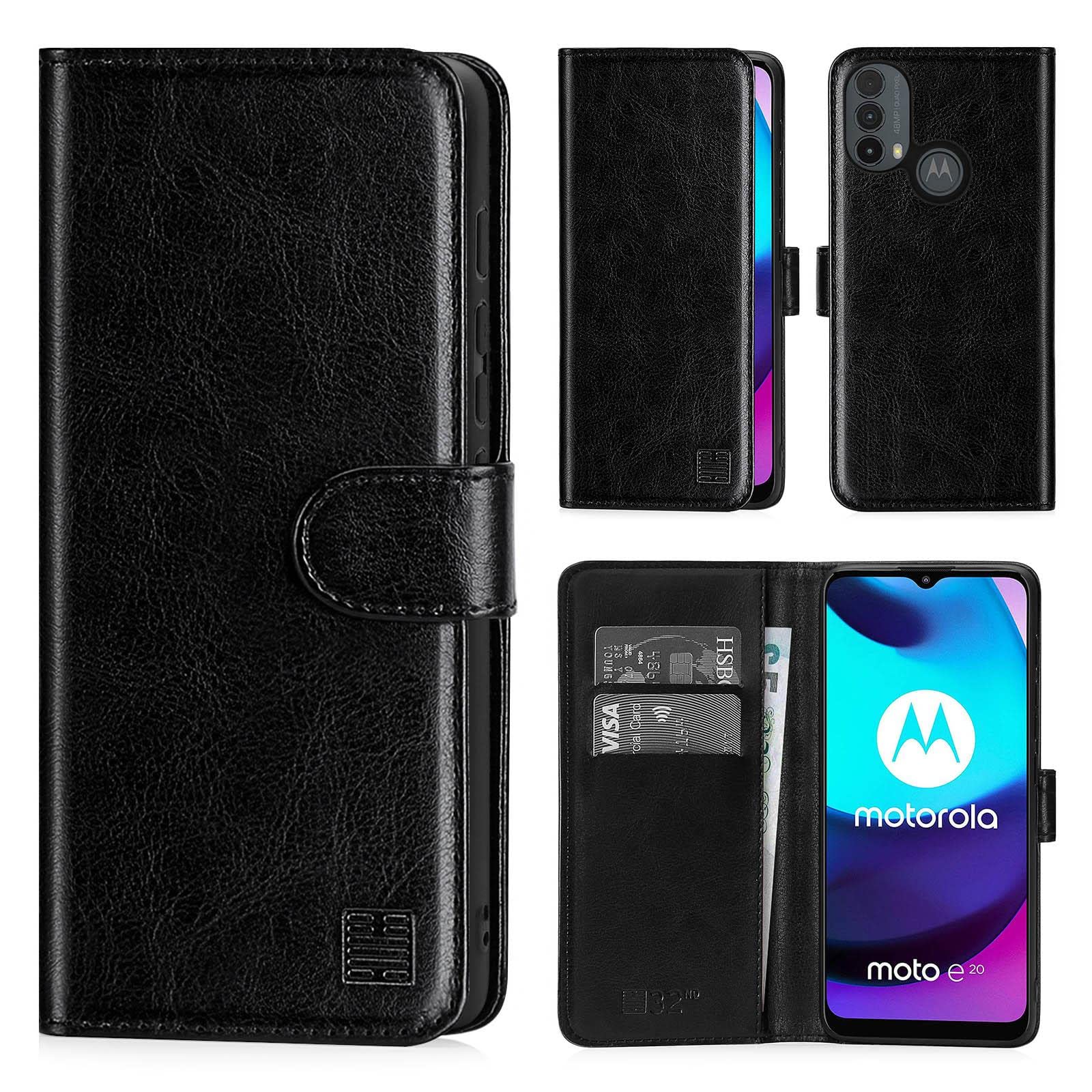 32nd Book Wallet PU Leather Flip Case Cover For Motorola Moto E20, Design With Card Slot and Magnetic Closure - Black