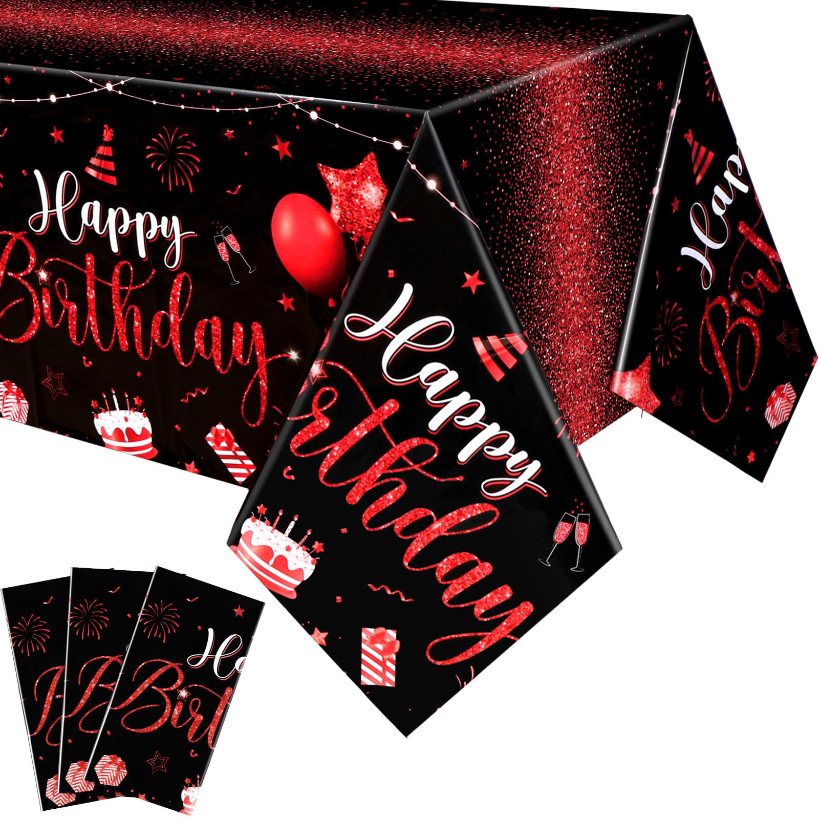 Photo 1 of Tudomro 3 Pcs Happy Birthday Tablecloths Happy Birthday Party Decorations Plastic Table Cover Rectangular Cloths for Women Men Baby Shower Party Supplies, 108 x 54 Inch (Black Red)