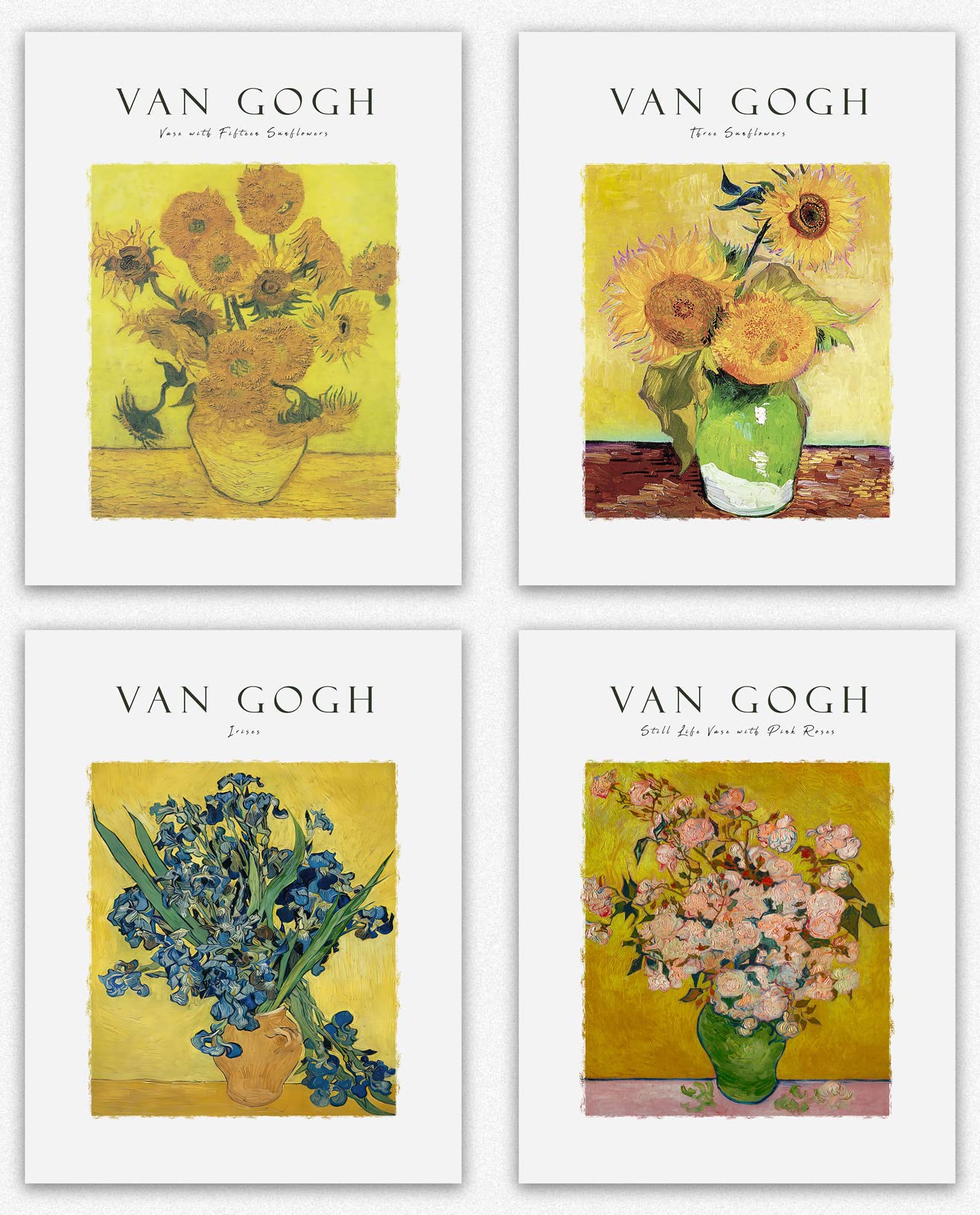Wallbuddy Wild Flower Vangogh Prints Paintings Vase Set of 4 Titled Van Gogh Flower Paintings Yellow Flowers Floral Paintings Impressionist Wall Art, Wall Art Famous Art Prints Floral Decor (8x10)
