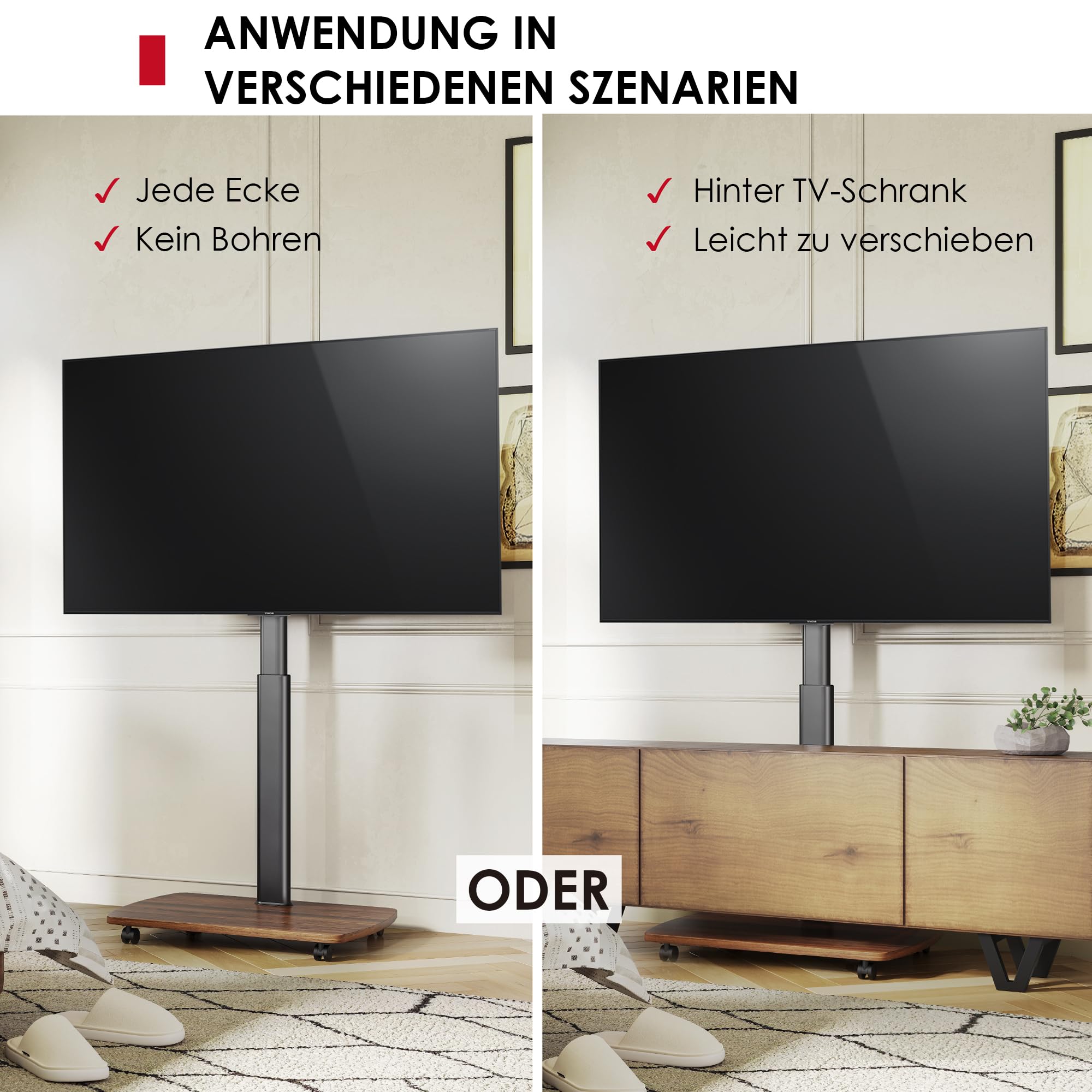 AOKCOS TV Bodenständer Rollbar mit Holzregal, TV Ständer mit Rollen für 43-75 Zoll Flach & Curved Fernseher bis 50kg, Höhenverstellbar Schwenkbar Fernsehstand, Max.VESA 600x400mm 7
