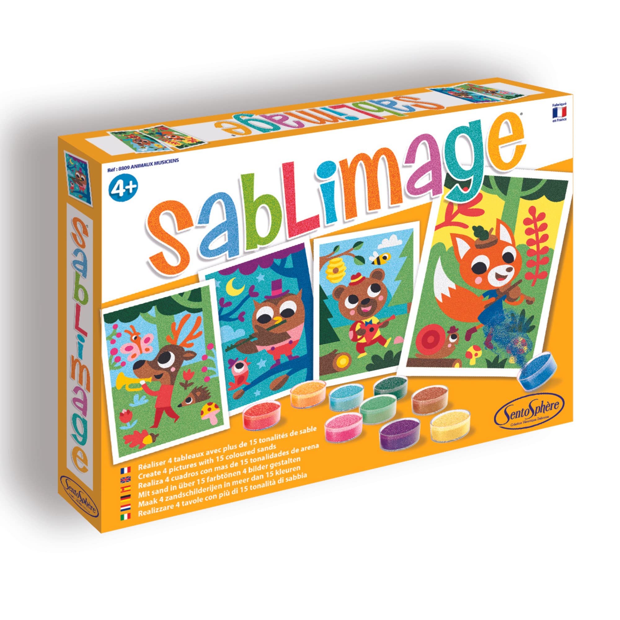Sentosphère - SABLIMAGE - ANIMALS MUSICIANS - 8809 - Craft Kit - Create 4 paintings with 15 shades of sand - For ages 4 and up - Made in France, Orange