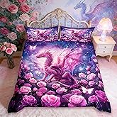 Pink Dragon Duvet Cover Set Queen Size,Rose Flower Galaxy Butterfly Bedding Set Kids Boys Girls Room Decor,Glitter Starry Sky Fantasy Comforter Cover 3Pcs,Wild Animal Bedspreads Cover,2 Pillowcases