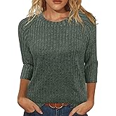 JomeDesign Sweaters for Women 3/4 Sleeve Shirts Crew Neck Sweatshirts Loose Casual Blouses Fashion Tops