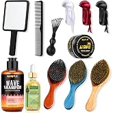 Wave Kit for 360 Waves - Wave Brush Wave Styler Great for Men Wolfing Wave - 3 Wave Handle Brushes, Soft, Medium &amp; Hard- Satin Durag, Hand Mirror, Hair Comb, Hair Brush Cleaner, Wave Pomade&amp;Shampoo