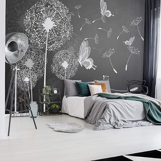 Modern Lowenzahn Und Schmetterlinge Grau Und Weiss Vlies Fototapete Fotomural Wandbild Tapete 368cm X 254cm 4 Teilig Gedruckt Auf 130gsm Vlies 10227v8 Pusteblumen Schmetterlinge Amazon De Baumarkt