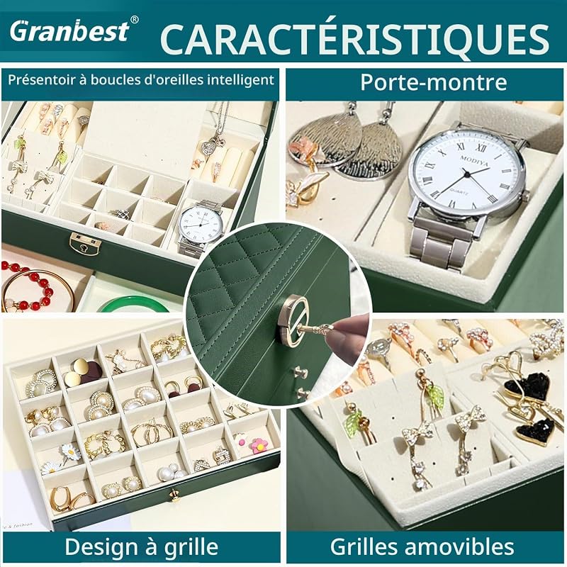Boîte à bijoux 3 étages avec 2 tiroirs, élégant coffret à bijoux en cuir, idéal pour colliers, bracelets, bagues et boucles d'oreilles (Vert foncé) — photo 4 sur 7