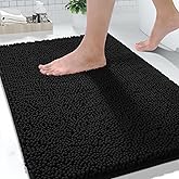 Yimobra Washable Bathroom Rugs, Super Soft & Absorbent Chenille Bath Mat for Floor & Carpet, Quick Dry Non Slip Bath Mat for Tub Shower, 32"x20",Black