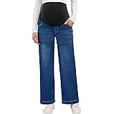 OUGES Women's Cotton Blend Stretchy Maternity Jeans Over Belly Relaxed Fit Wide Leg Denim Work Pants with Pockets