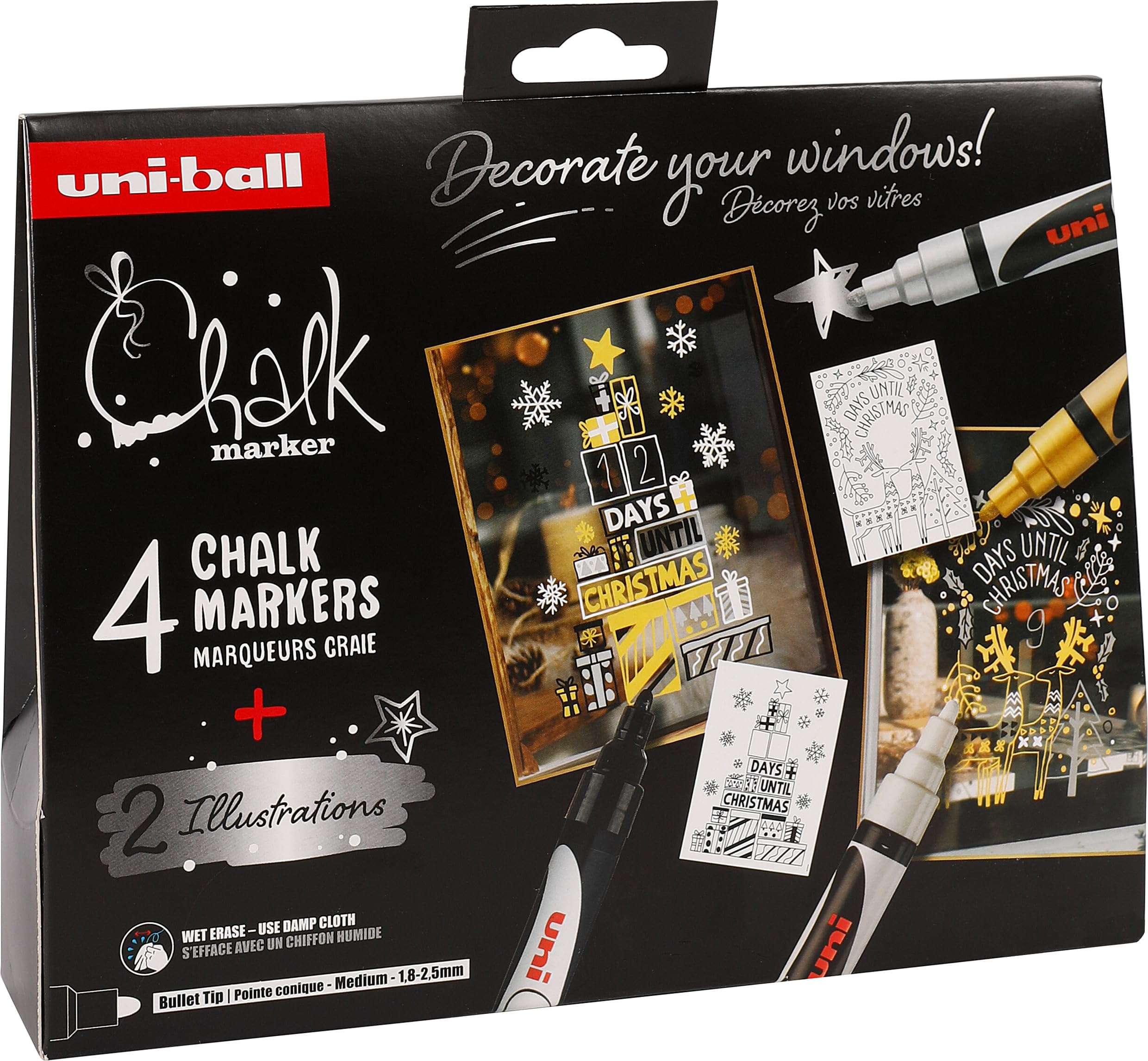 uni-ball Liquid Chalk Pens. Multi-Purpose Wipeable Coloured Markers for Blackboards, Chalkboards, Whiteboards, Glass, Mirrors, Plastic, Windows, Metal. Medium Tip. 4pc Christmas Set
